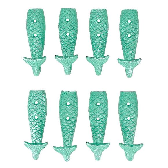 Set of 8 Cast Iron Mermaid Tail Wall Hooks Green Nautical Coastal Decor - Picture 1 of 10
